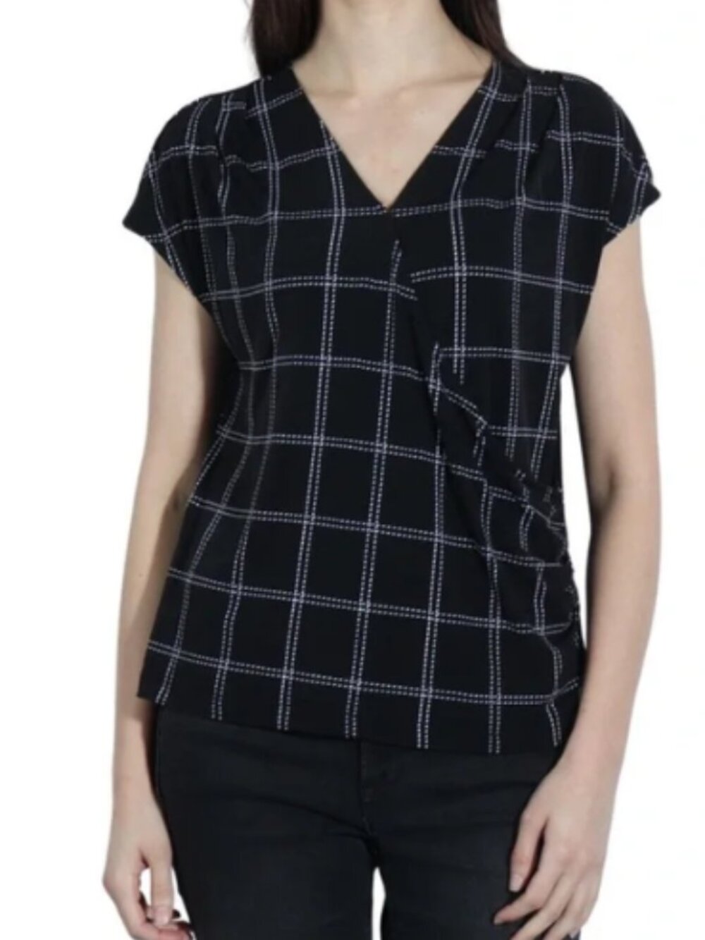 NWT Liz Claiborne Black & White Plaid Short Sleeve Blouse Large